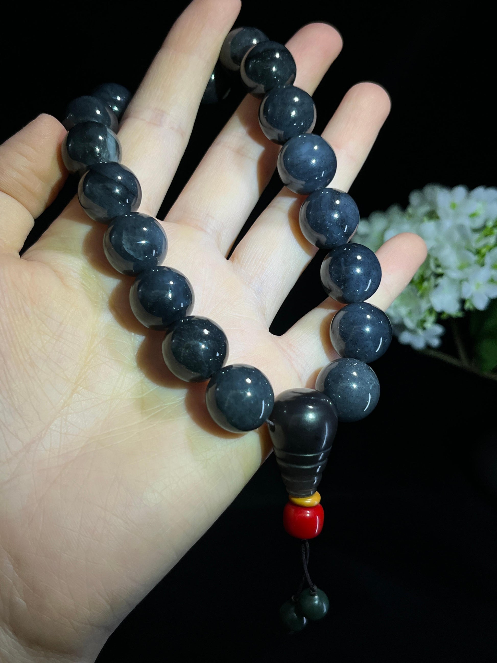 和田玉青花圆形珠手串（卡16）（yc254947）