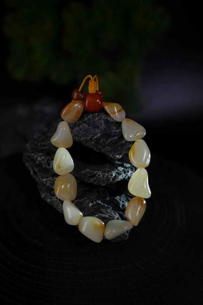 新疆和田玉白玉带洒金皮籽料原石手串（原籽无修）（yc229712）