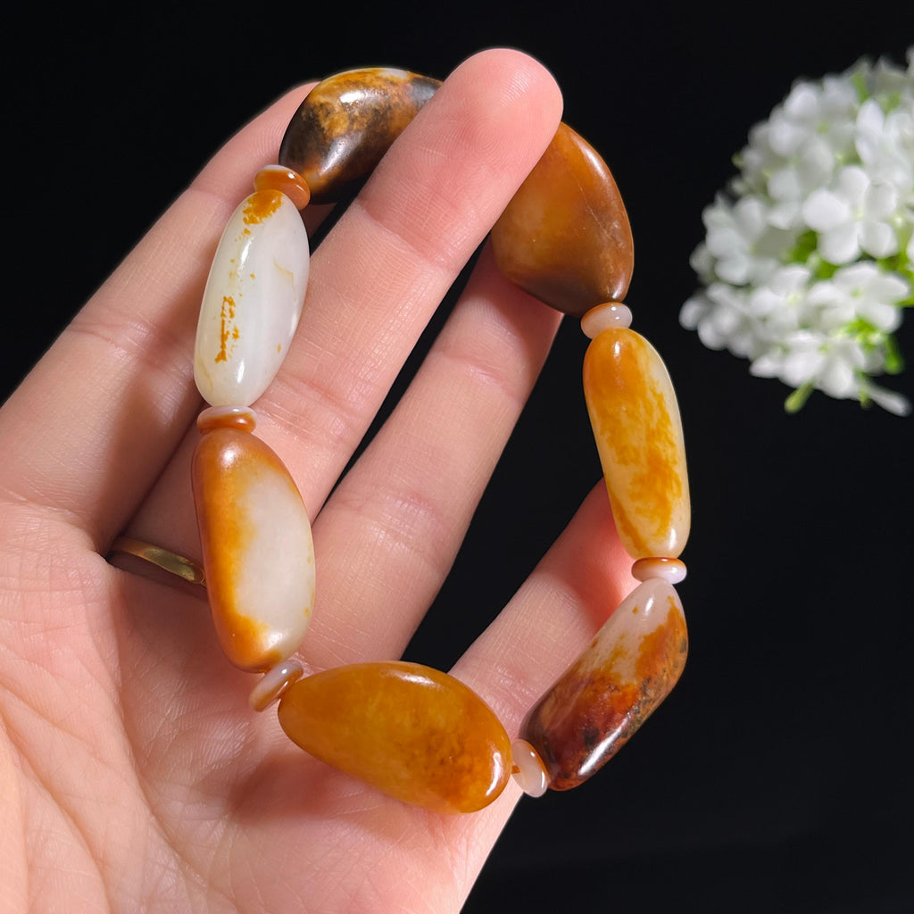 和田玉白玉洒金皮黄皮籽料手串（yc287874）