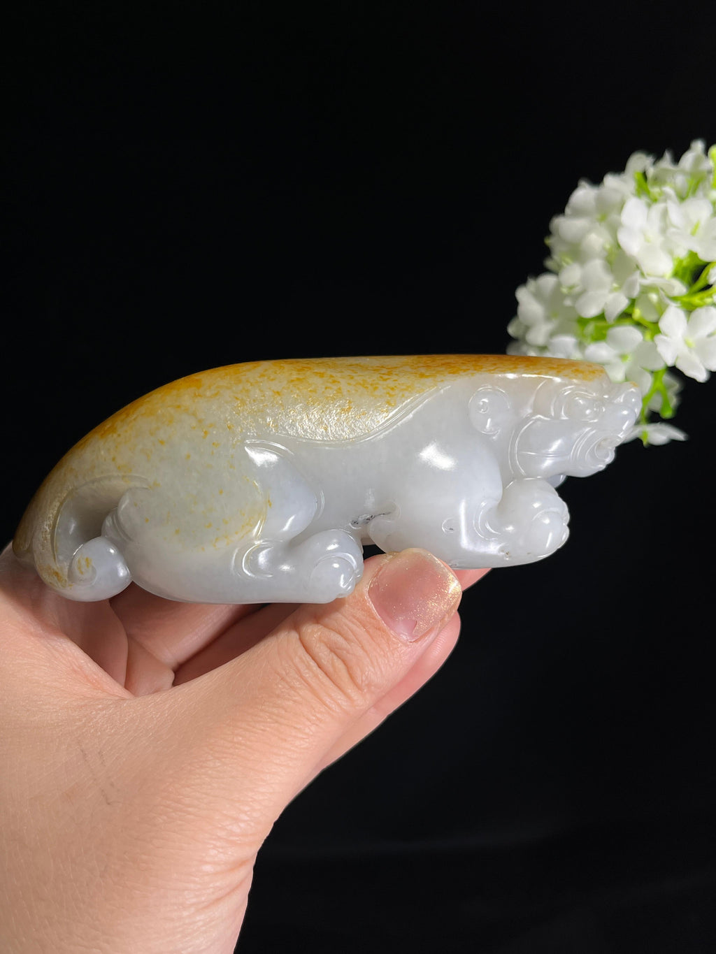 和田玉洒金皮“金皮瑞兽”招财貔貅雕刻手把件（yc274513）