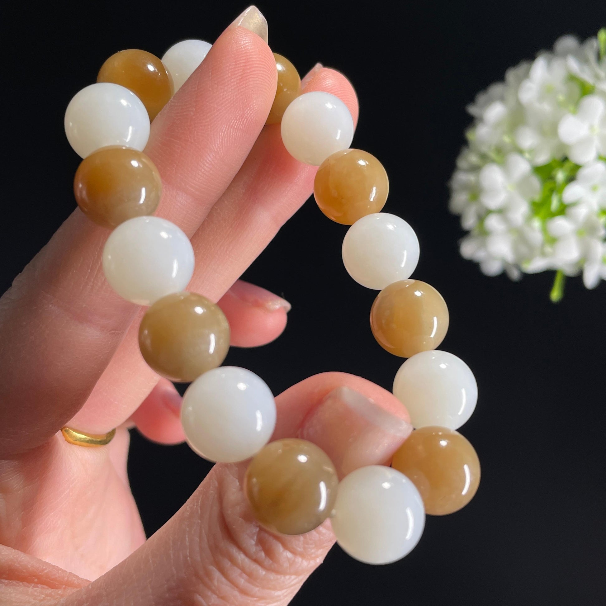 和田玉糖白玉“白雪初晴”圆珠手串（yc332146）