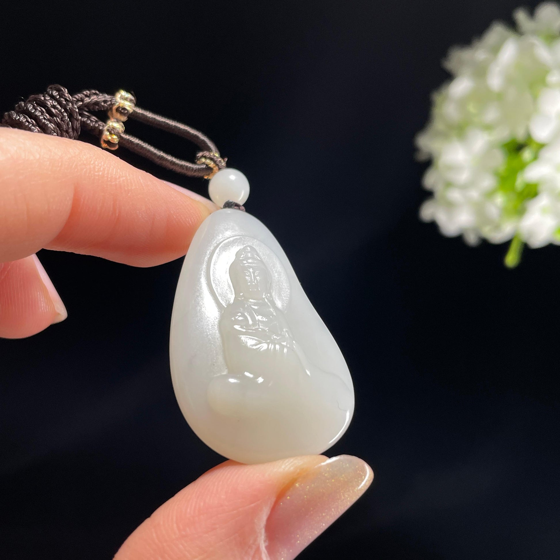 新疆和田玉米达料白玉观音雕刻挂件（yc365286）