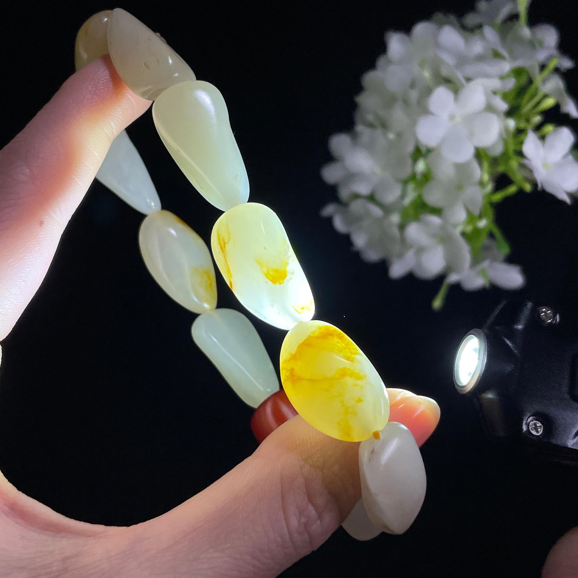 新疆天然和田玉白玉洒金皮红皮原籽手串（10颗）（yc396010）