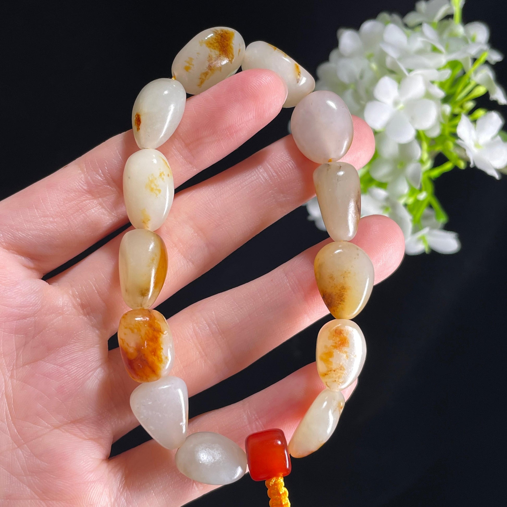 新疆天然和田玉白玉红皮原籽手串（14颗）（yc396016）