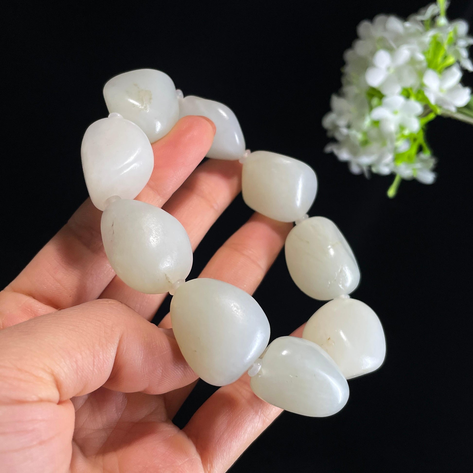 和田玉天然白玉淡洒金皮原籽手串（yc410619）