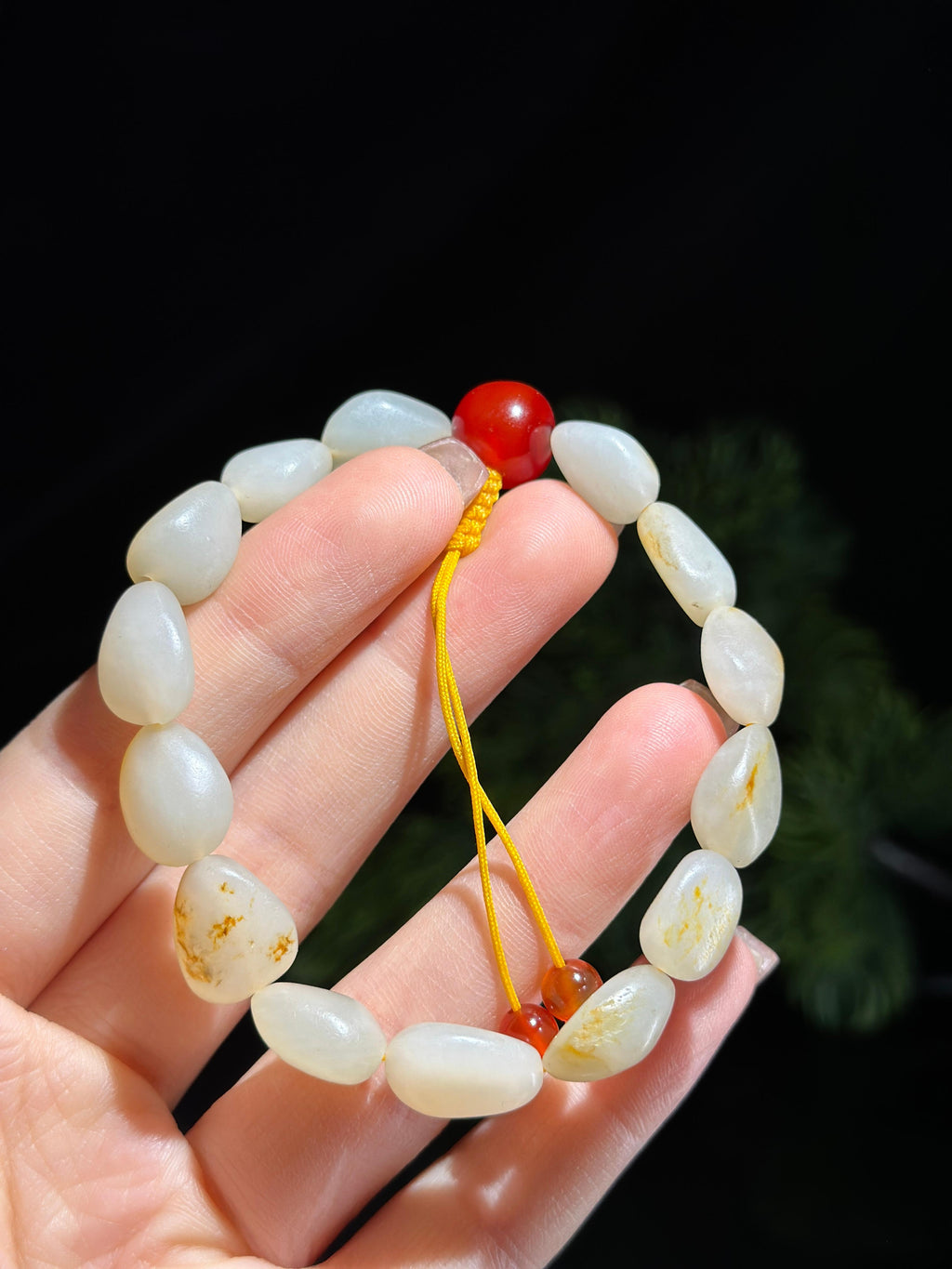 新疆和田玉白玉洒金皮原籽手串（14颗）（yc523370）