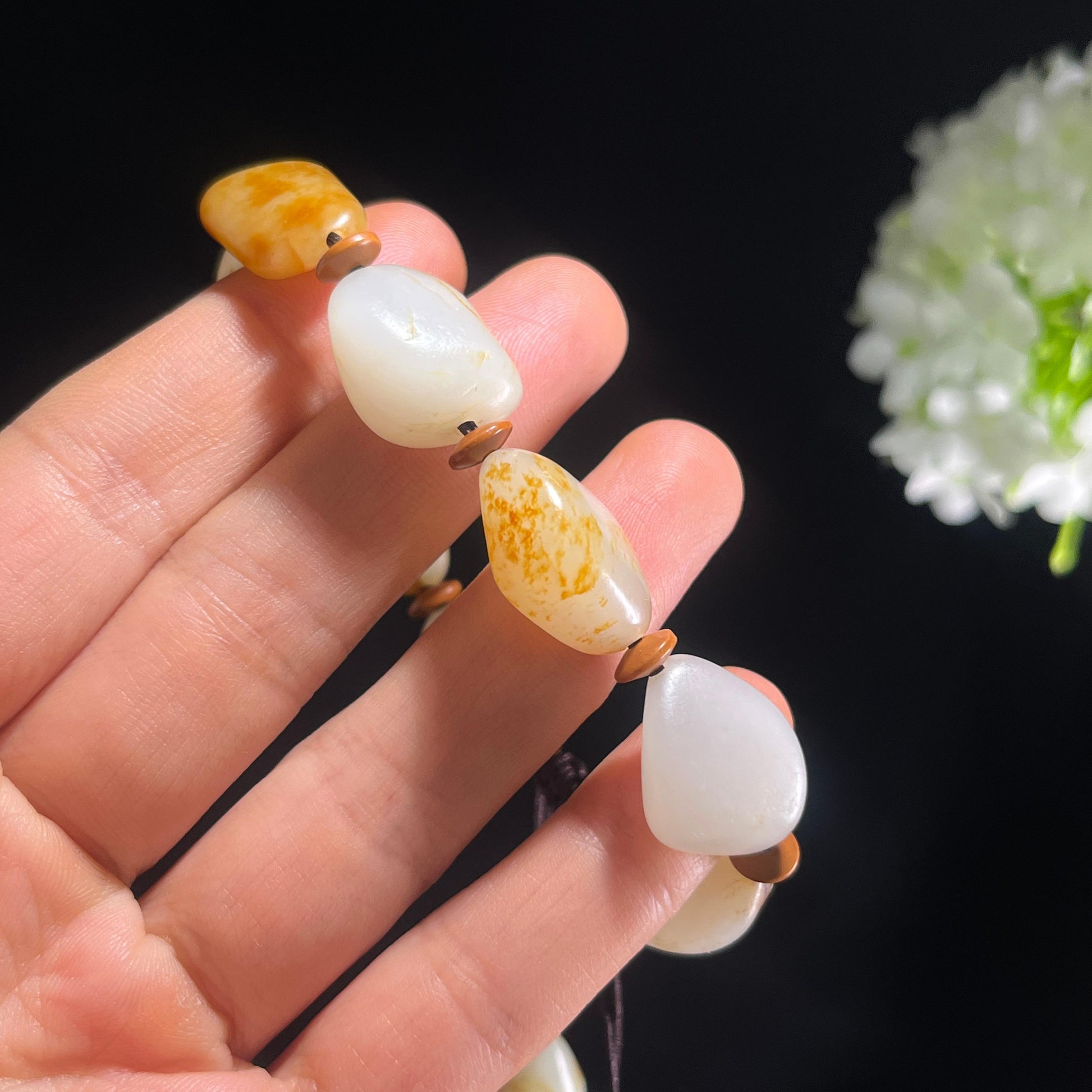 新疆天然和田玉白玉多皮色原籽手串（yc388382）