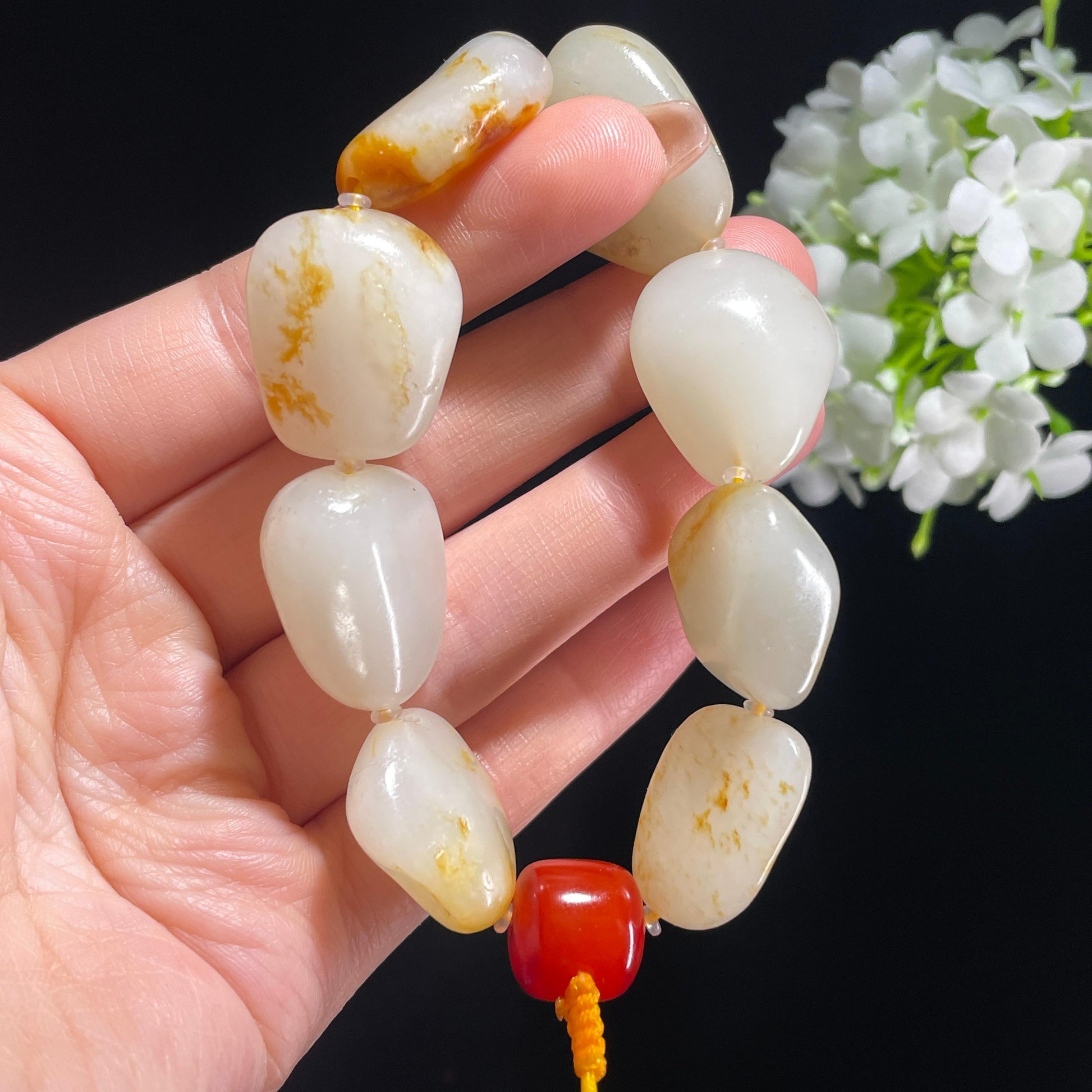 和田玉白玉洒金皮红皮原籽手串（yc381872）