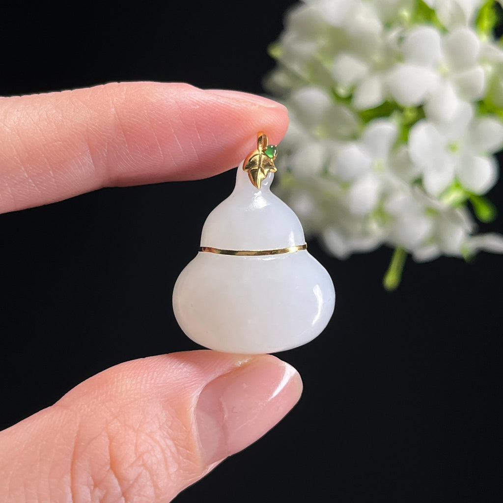 新疆天然和田玉白玉18k金镶葫芦吊坠（yc302304）