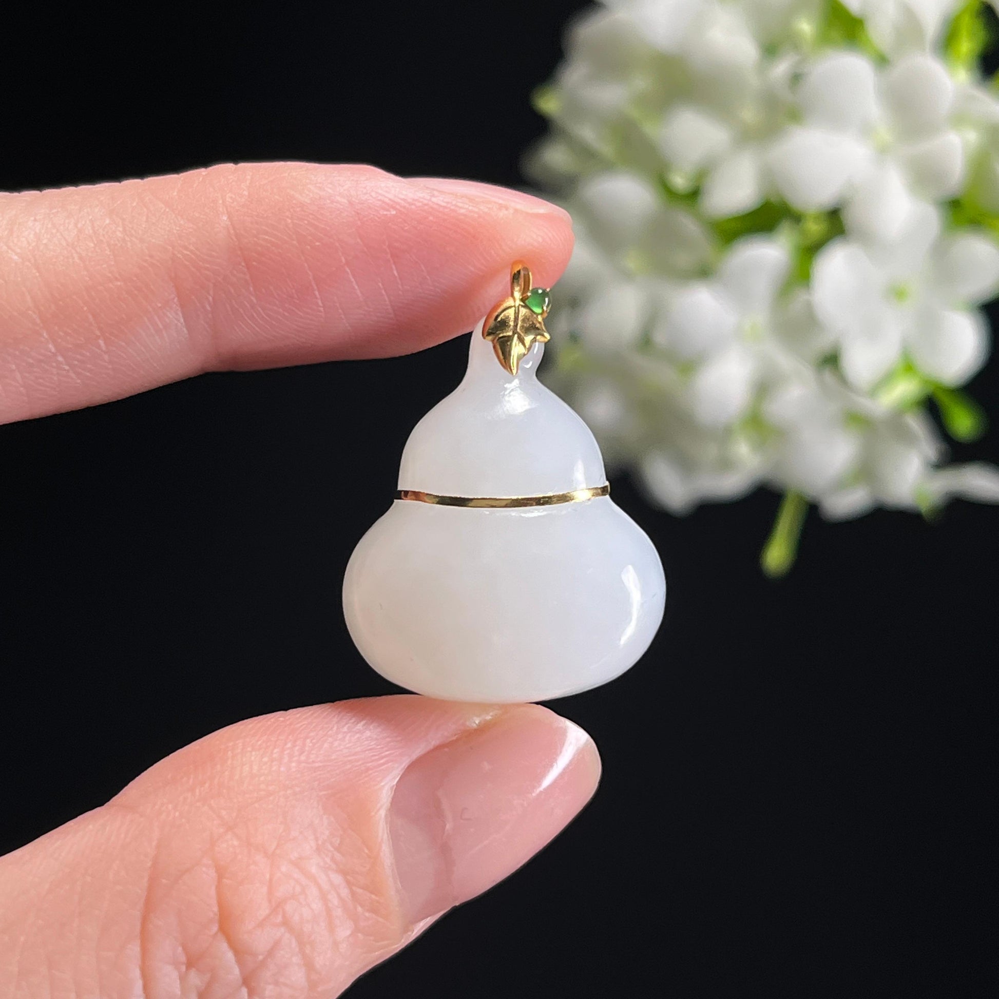 新疆天然和田玉白玉18k金镶葫芦吊坠（yc302304）
