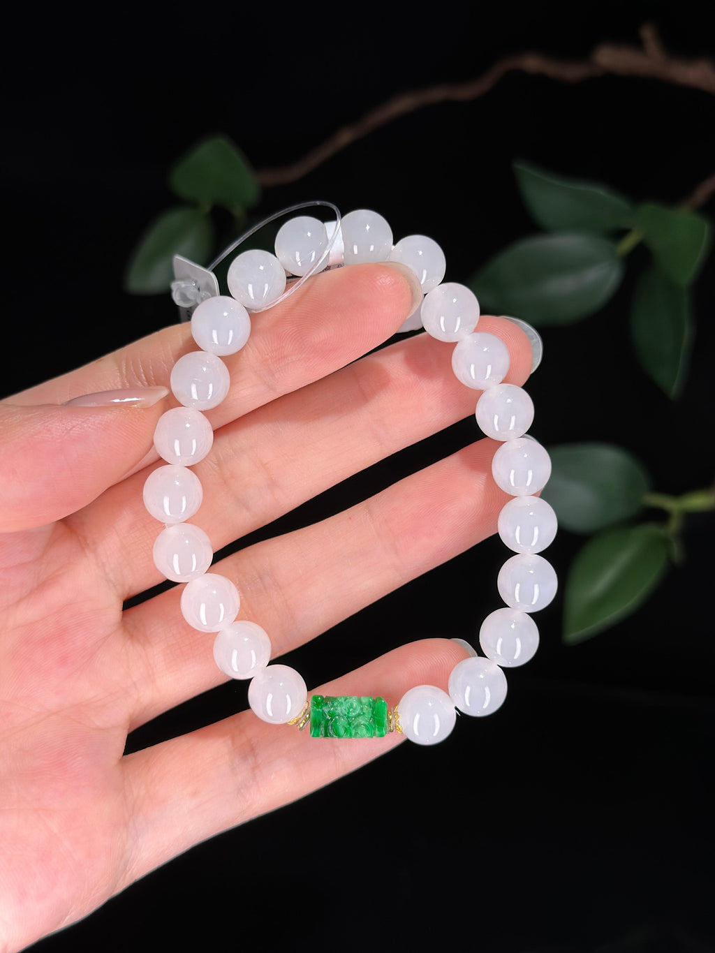 中秋特惠，和田玉18K金镶白玉圆珠+翡翠花青手串（yc734609）