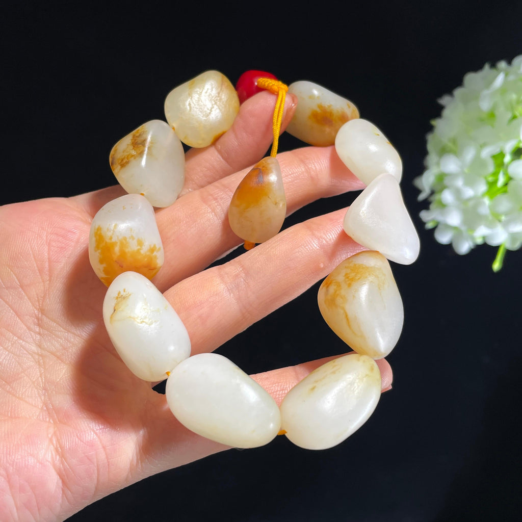 新疆和田玉白玉红皮洒金皮原籽手串（11颗）（yc430771）