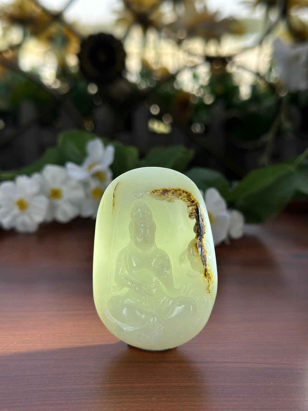 新疆和田玉精品白玉秋梨皮籽料花开见佛挂件（yc709204）