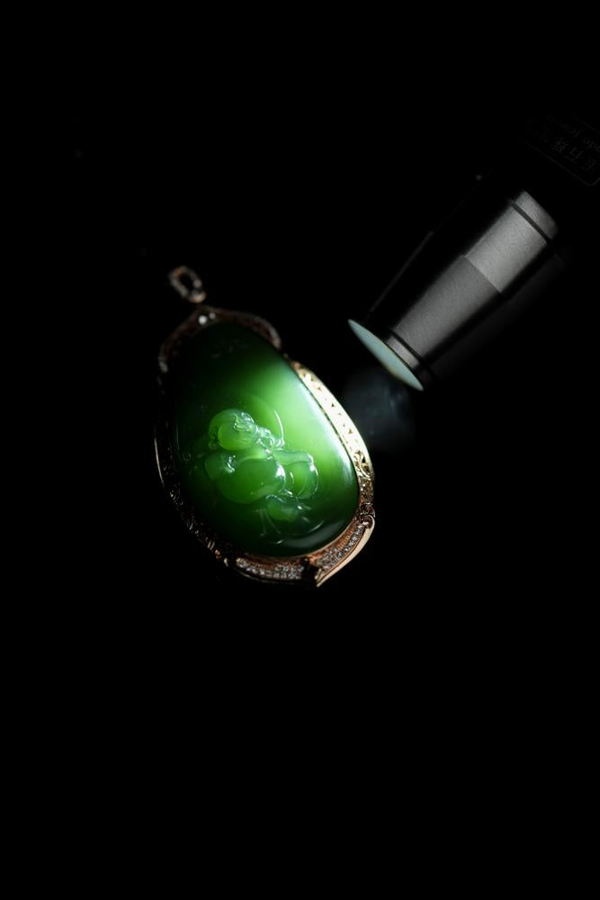 18k玫瑰金镶碧玉弥勒佛雕刻挂件（yc253271）