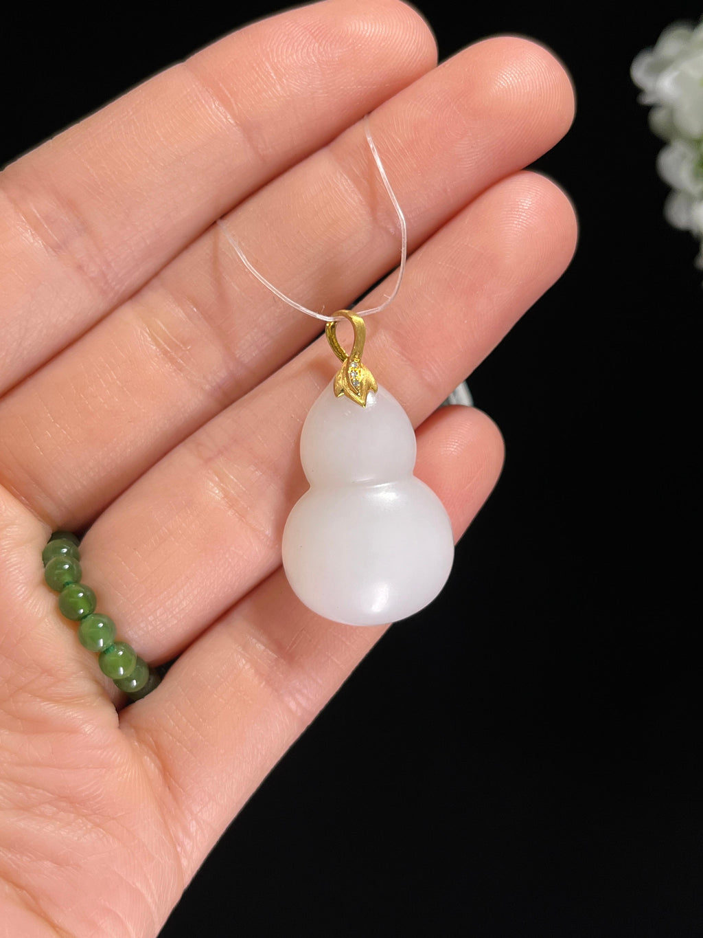 新疆天然和田玉白玉18k金镶葫芦“福禄双全”吊坠（yc260415）