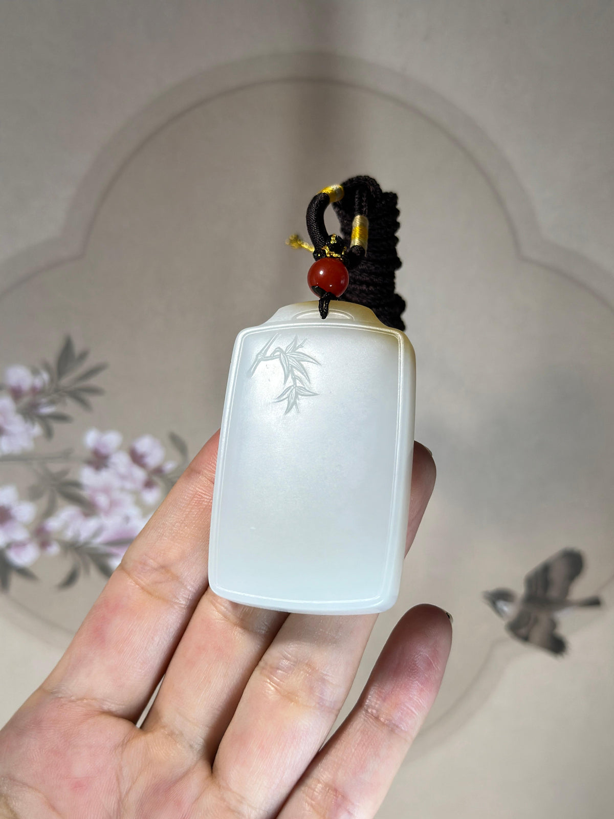 精品和田玉糖白竹节浅雕无事牌（yc749248）