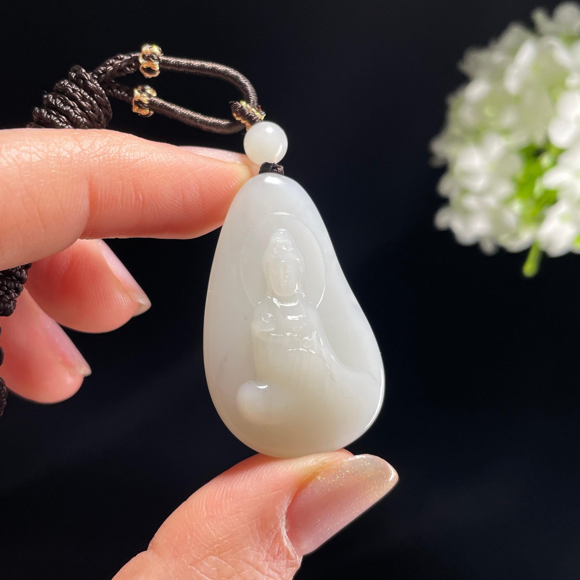 新疆和田玉米达料白玉观音雕刻挂件（yc365286）