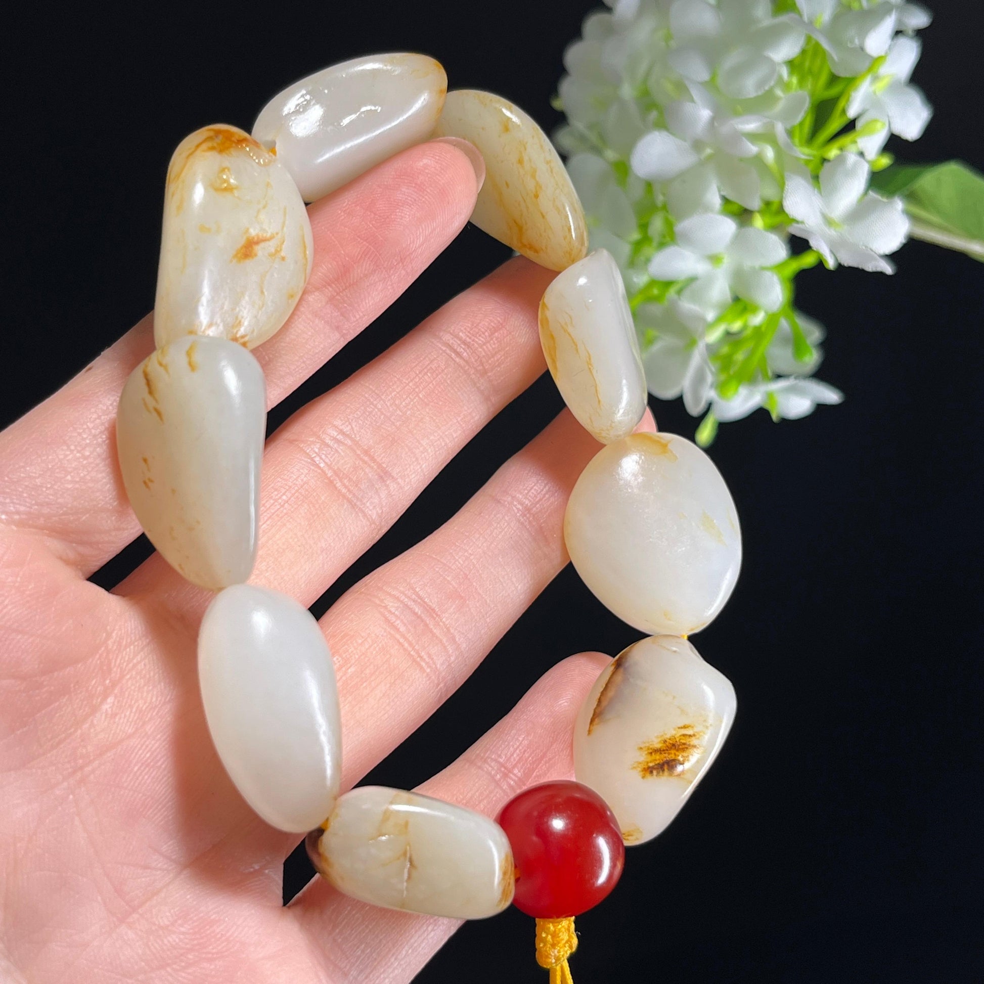和田玉白玉洒金皮黑红皮籽料原籽手串（yc347498）
