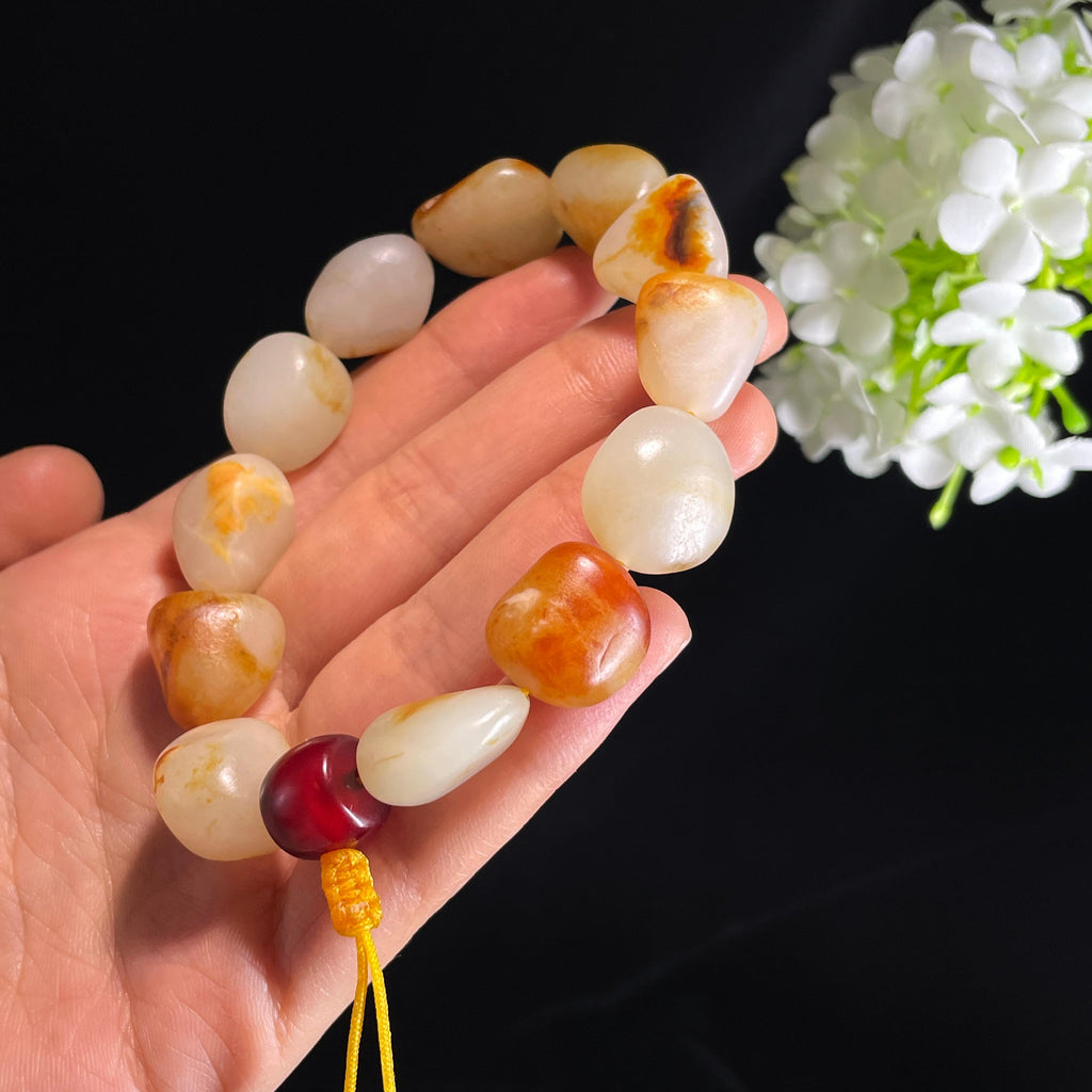 和田玉白玉洒金皮红皮红沁皮原籽手串（yc356639）