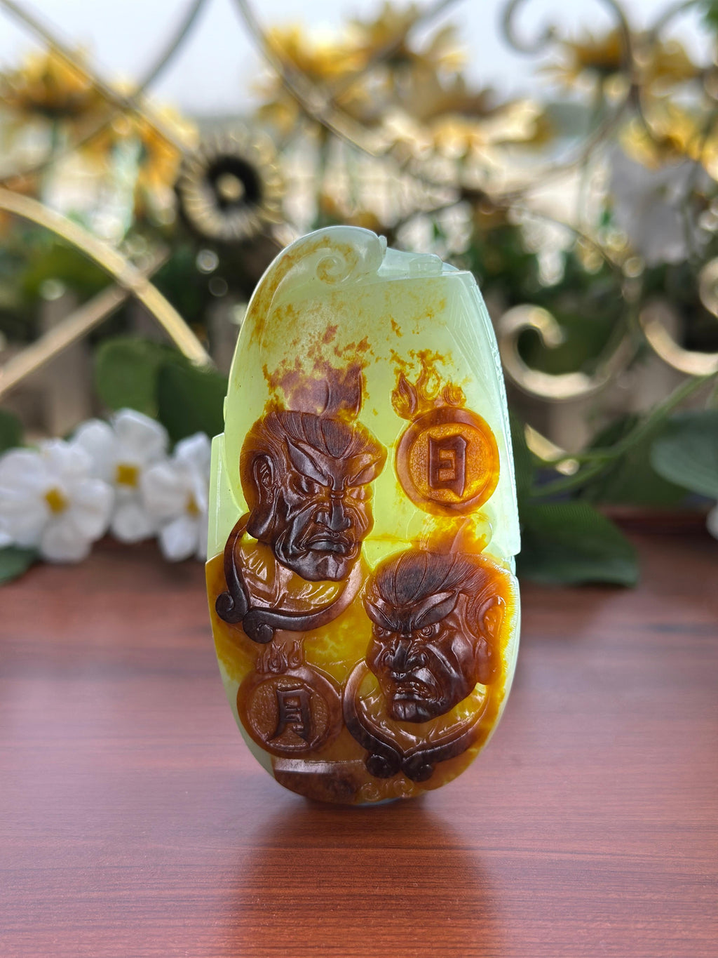 新疆和田玉珍品红皮籽料日月门神俏色雕手把件（yc707940）