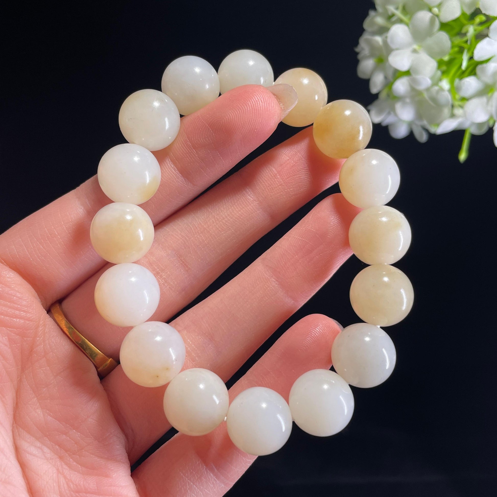 和田玉糖白玉“雪野暖光”圆珠手串（yc332153）