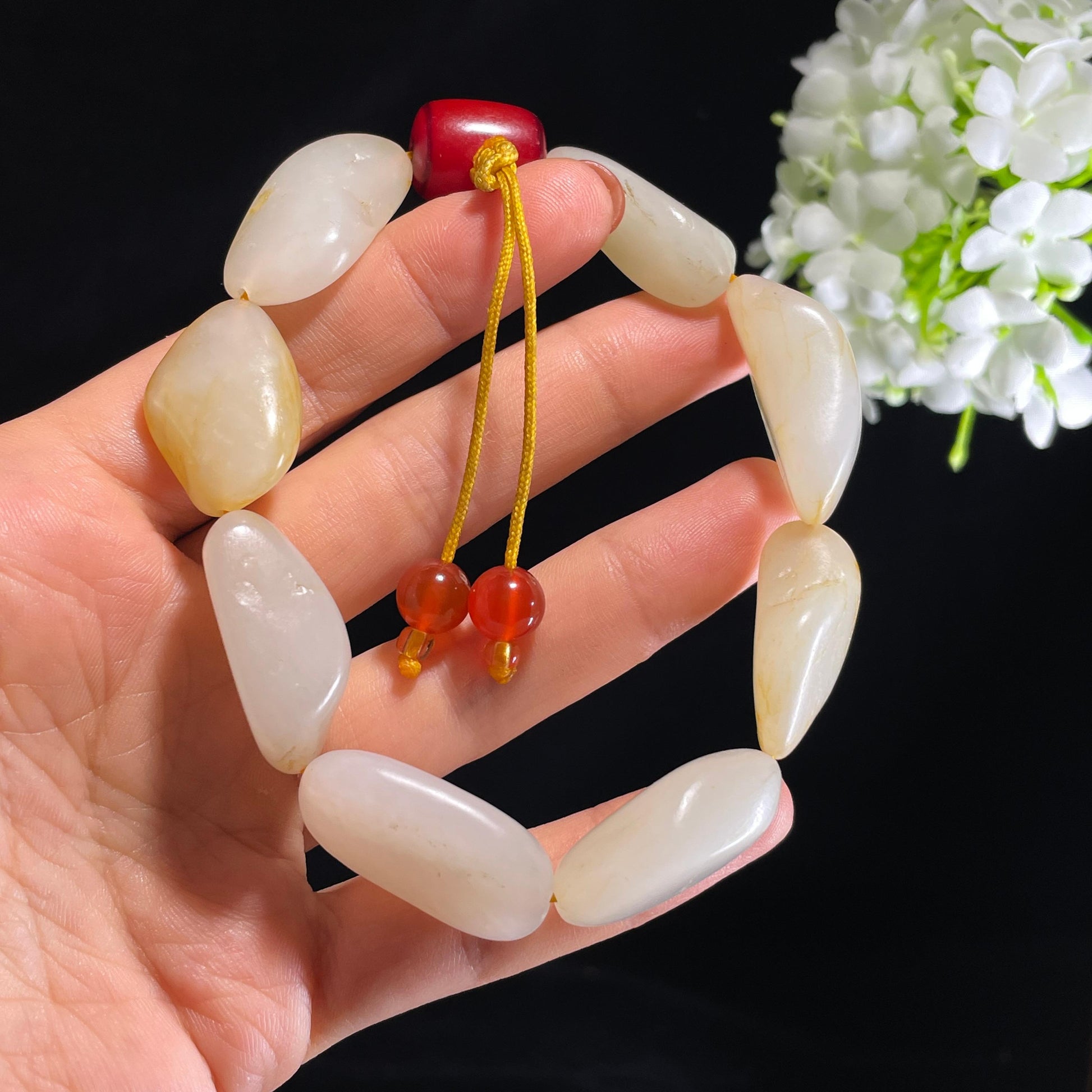 新疆和田玉白玉洒金皮原籽手串（8颗）（yc434492）