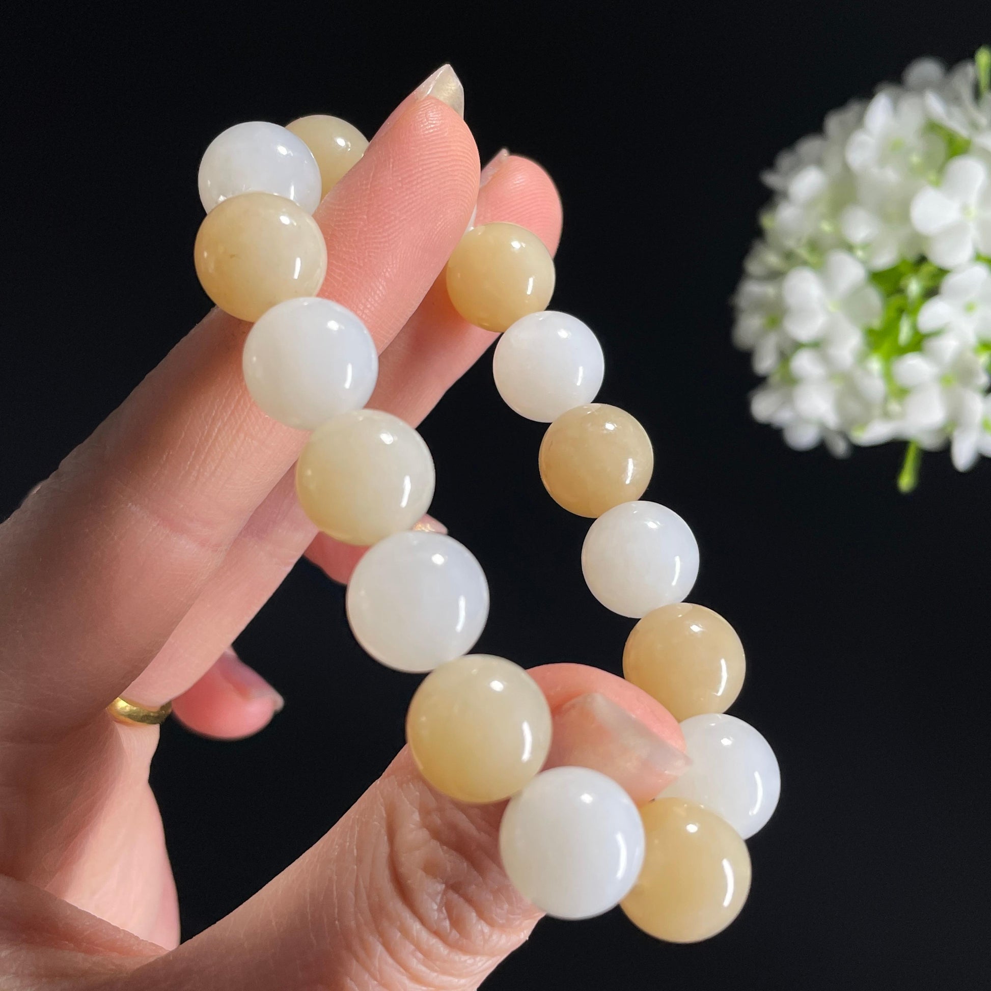 和田玉糖白玉“雪蜜交织”圆珠手串（yc332142）