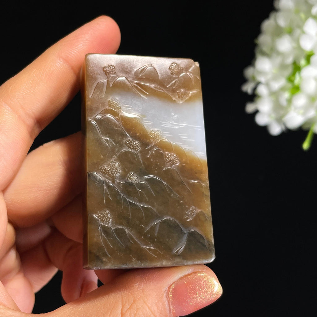 和田玉“苍山如海”青花糖玉山水牌（yc417440）