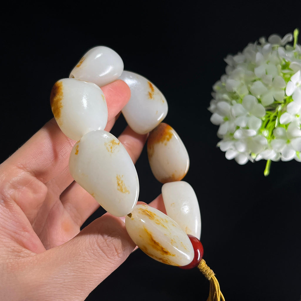 和田玉白玉洒金皮红皮原籽手串（yc389323）