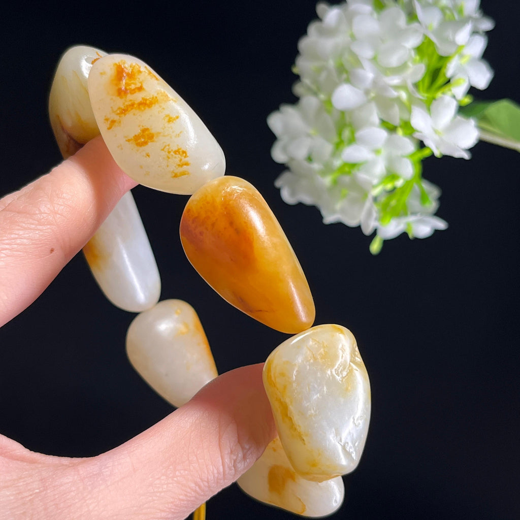 和田玉白玉洒金皮聚黄皮黄沁皮籽料原籽手串（yc347409）
