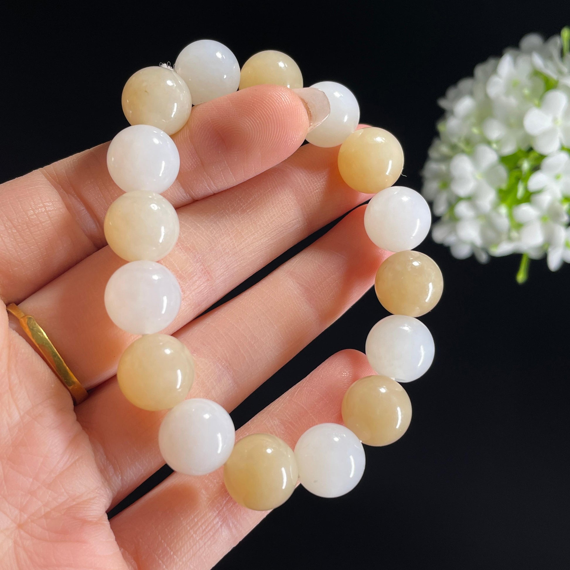 和田玉糖白玉“雪蜜交织”圆珠手串（yc332142）