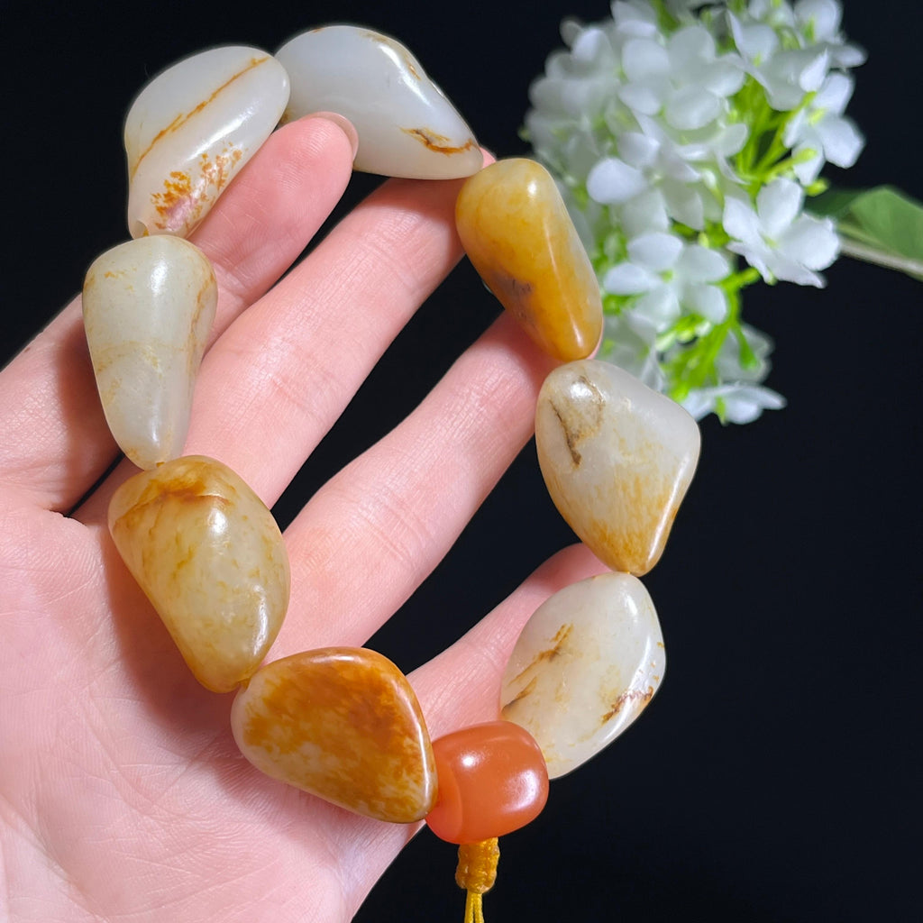 和田玉白玉红皮黄沁皮洒金皮籽料原籽手串（yc347376）