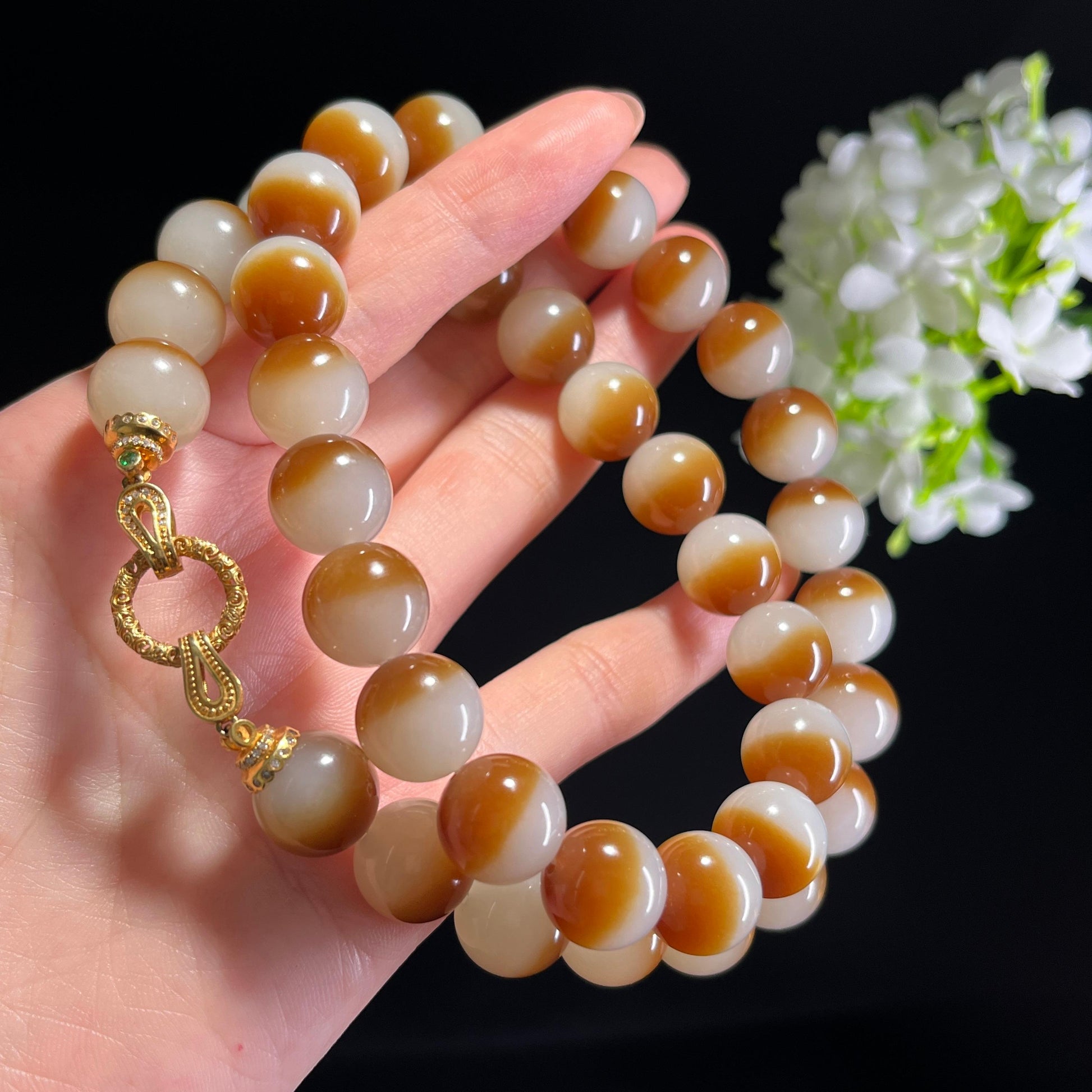 新疆天然和田玉且末料糖白手串、项链套装（yc343830）