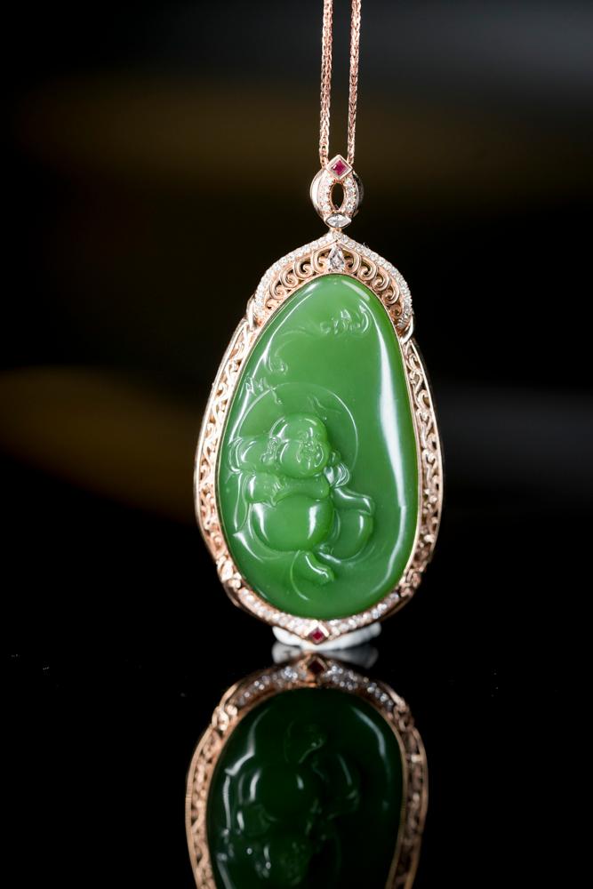 18k玫瑰金镶碧玉弥勒佛雕刻挂件（yc253271）