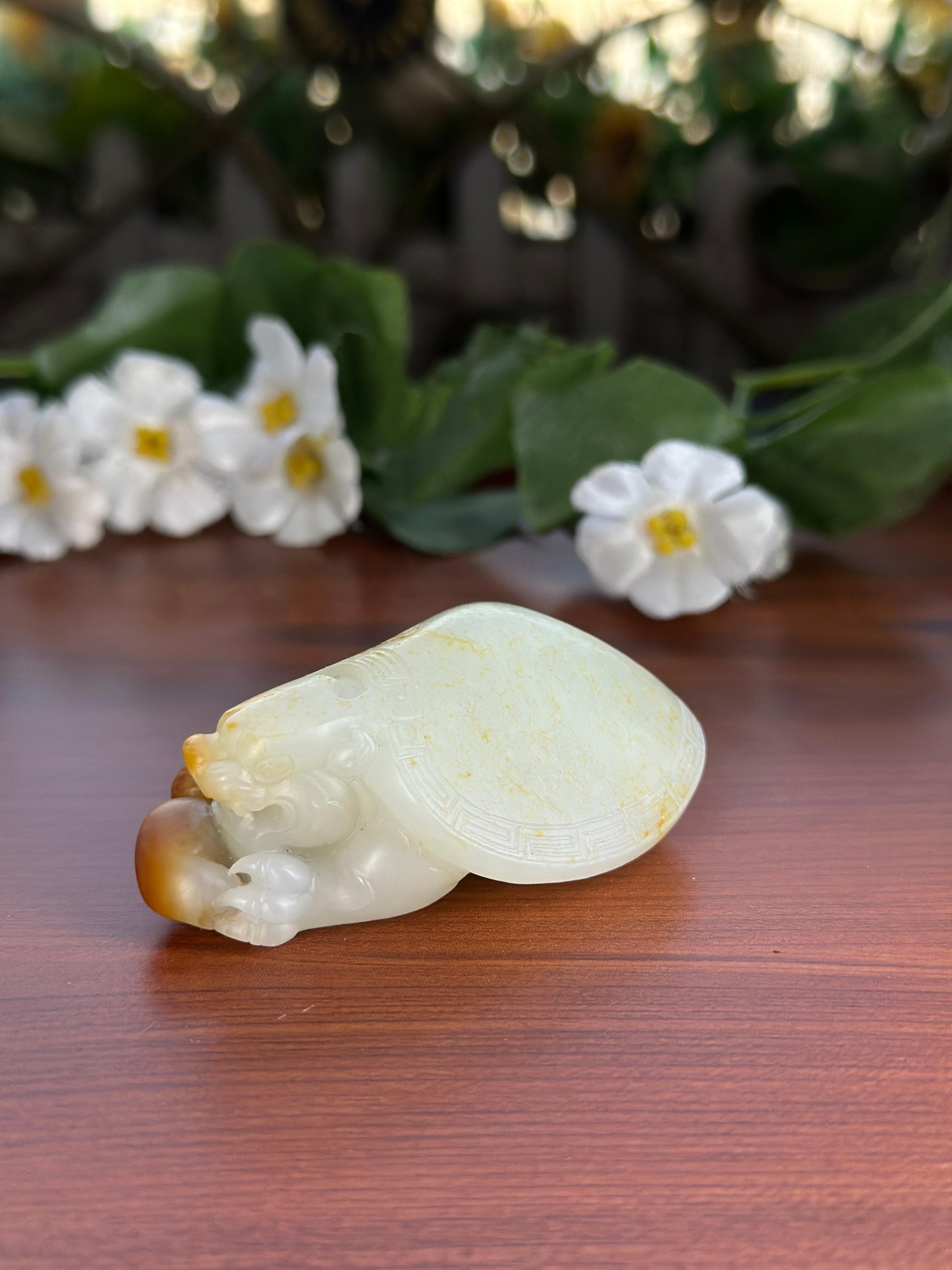 新疆和田玉精品红皮洒金皮籽料龙龟手把件（yc710590）
