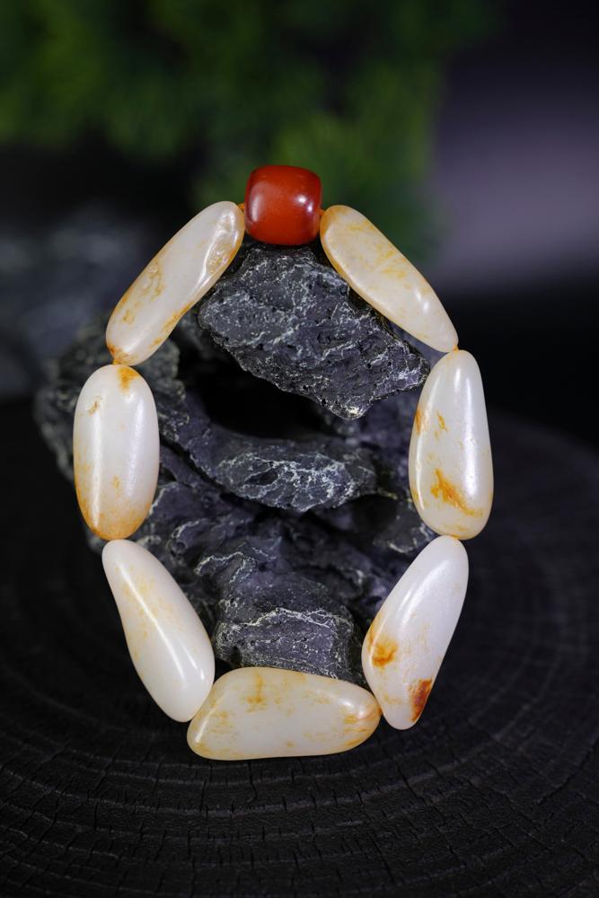 新疆和田玉白玉洒金皮籽料手串（原籽无修）（yc229751）