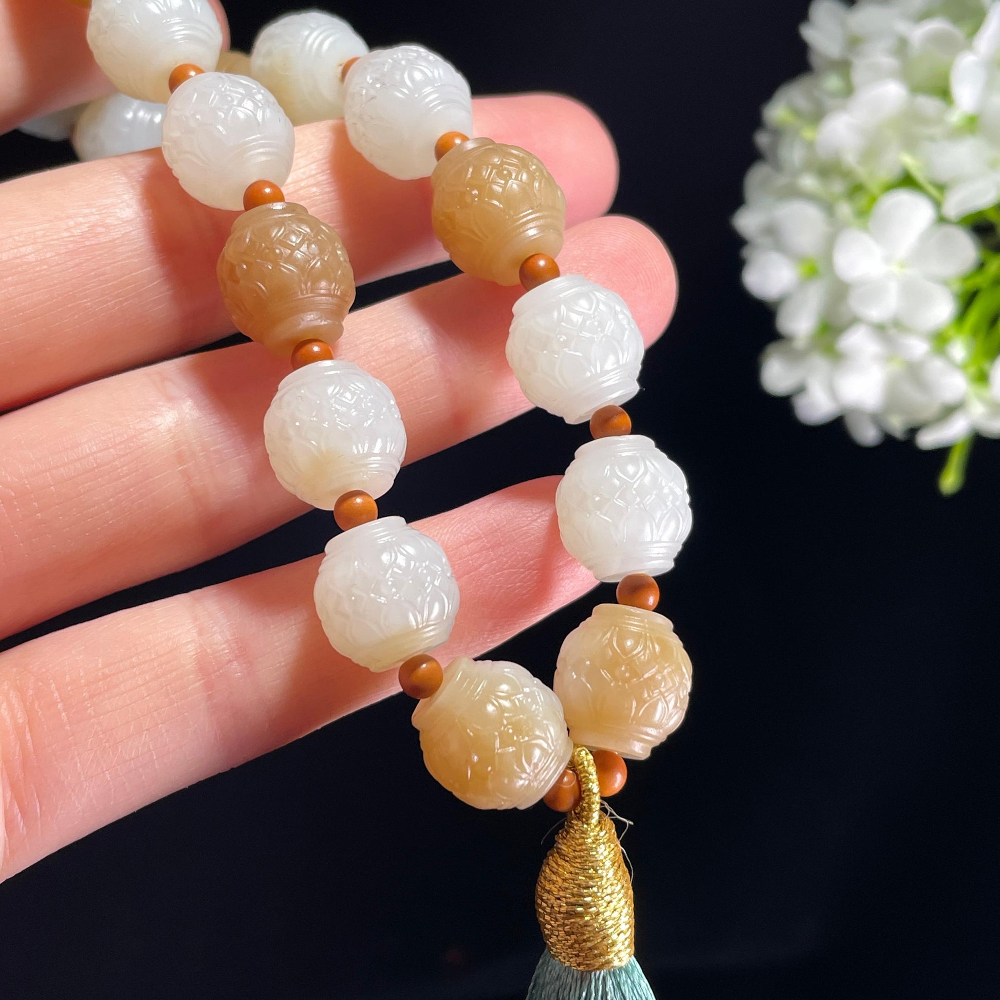 和田玉糖白玉莲花手持（yc363640）