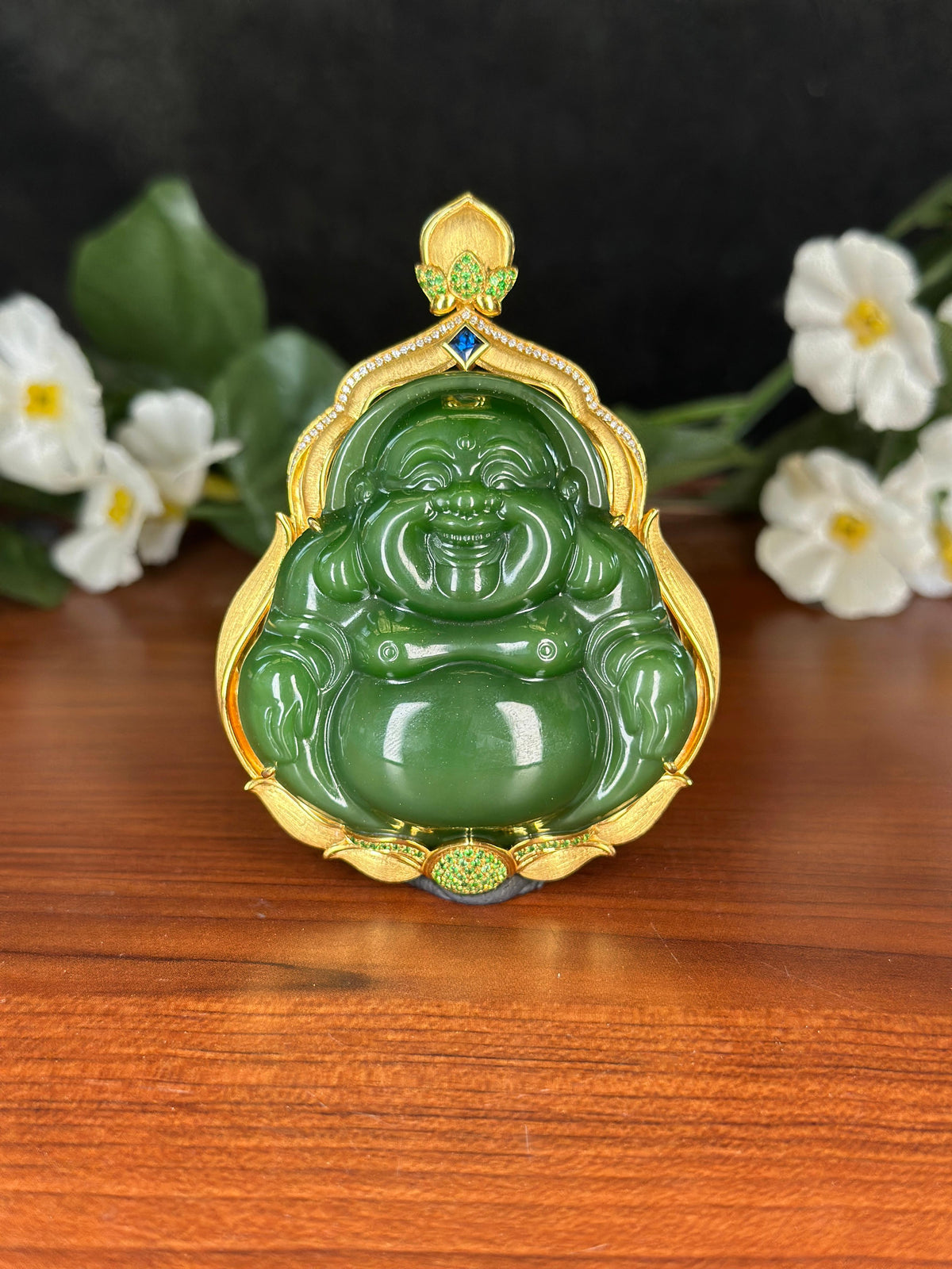 珍品和田玉18K金镶碧玉弥勒佛挂件（yc735766）