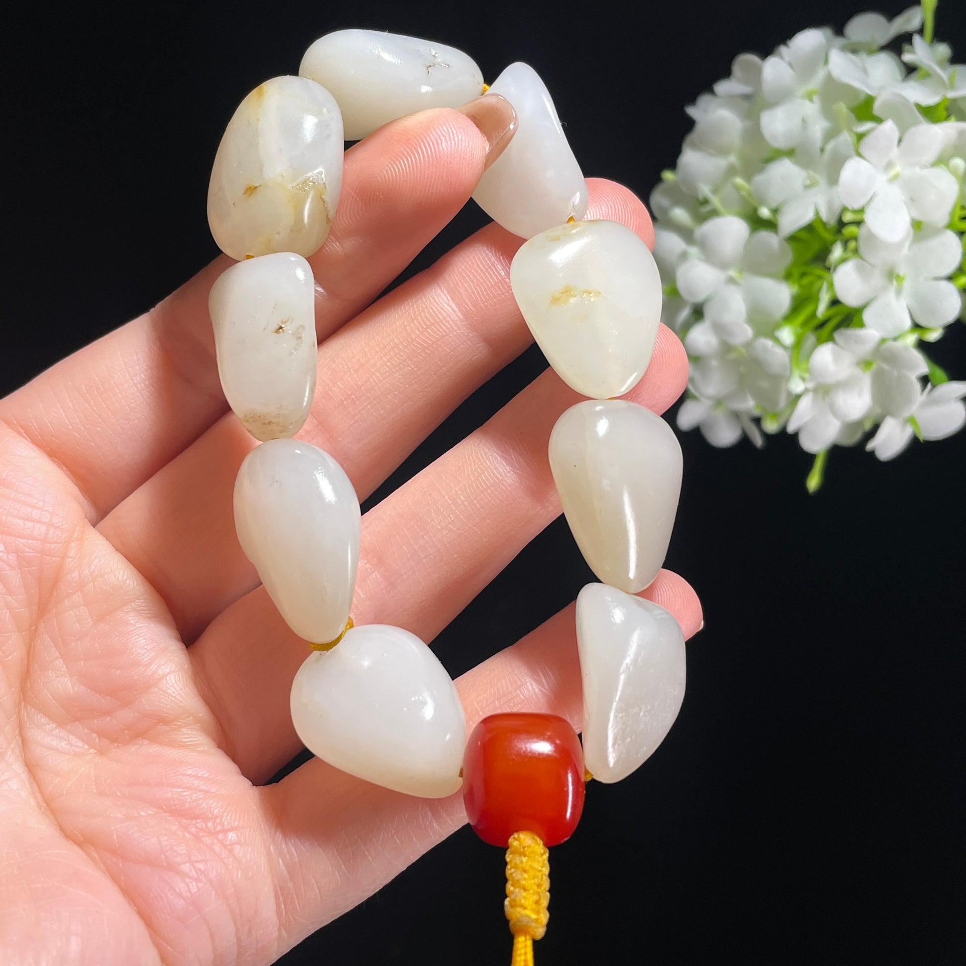 和田玉白玉淡洒金皮原籽手串（yc381896）