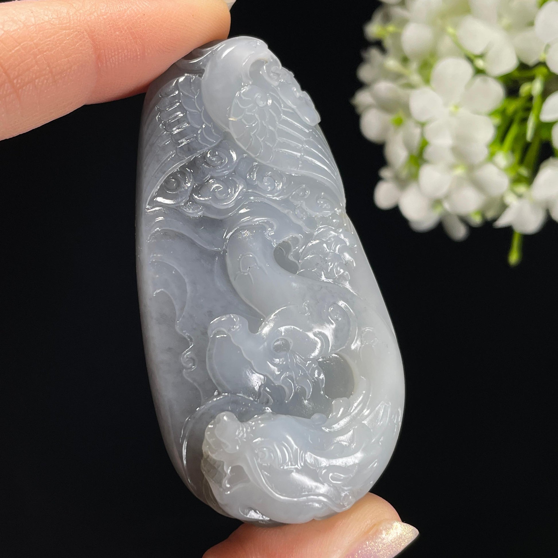 和田玉青花籽料洒金皮“龙凤和鸣”龙凤雕刻手把件（yc326429）