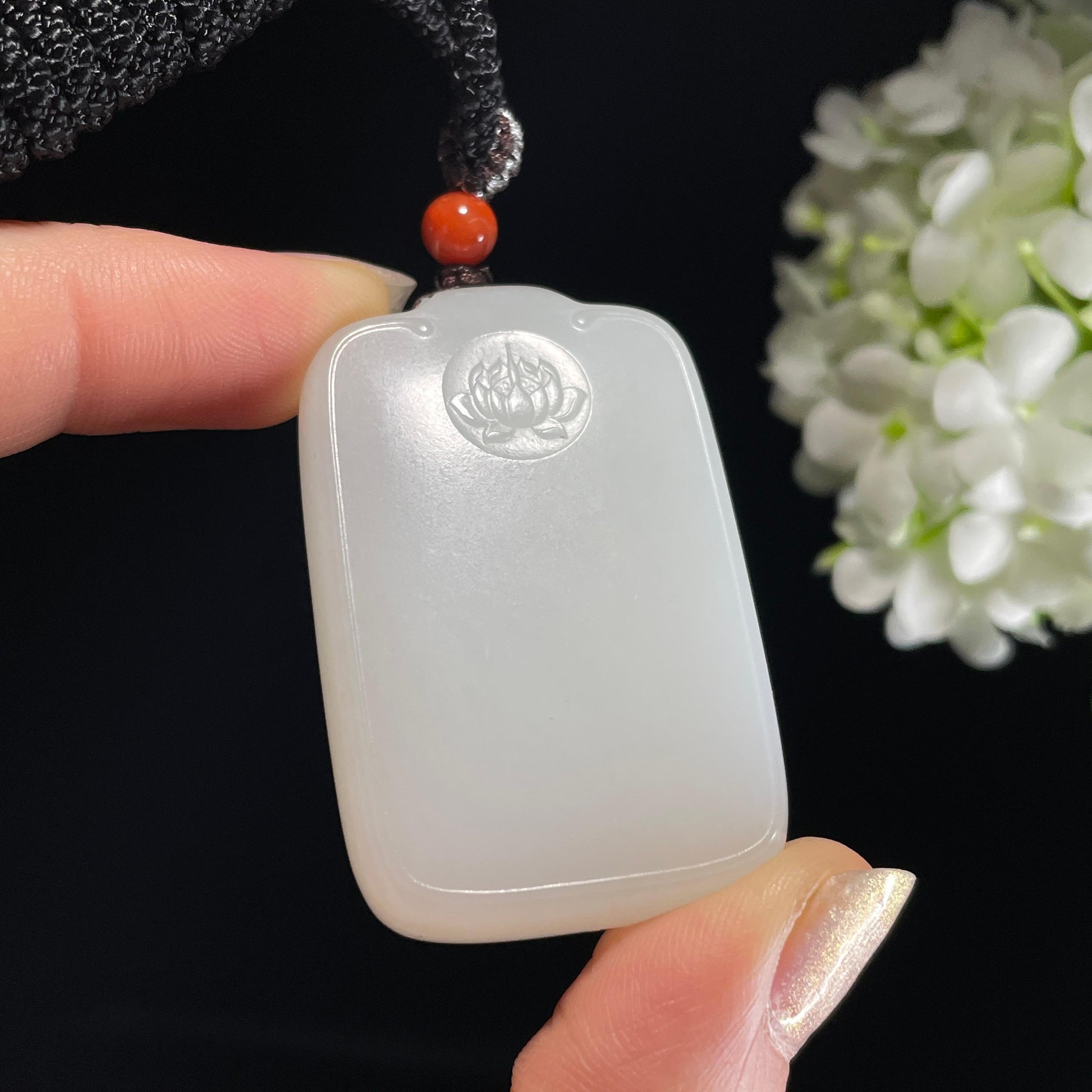 和田玉羊脂白玉“莲开净心”平安无事牌（yc327458）