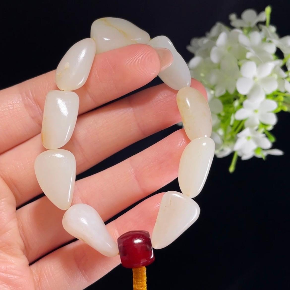 新疆天然和田玉白玉洒金皮原籽手串（yc355799）