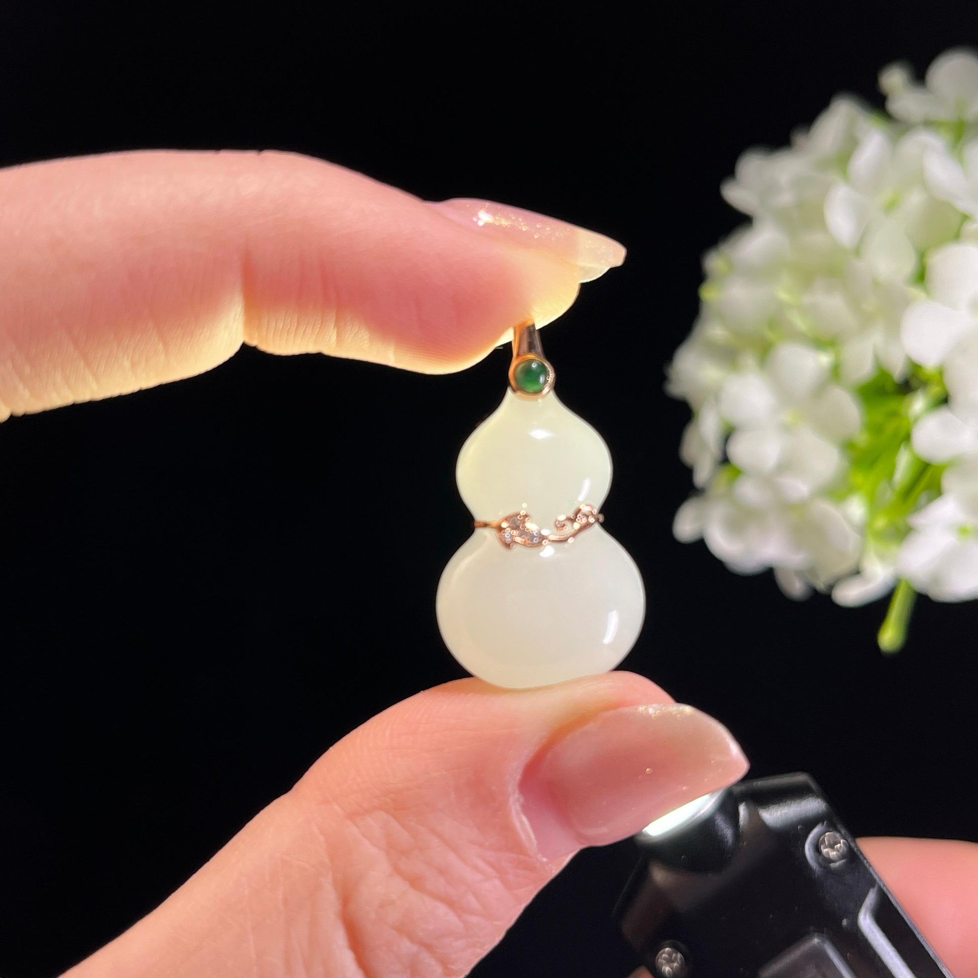 新疆天然和田玉羊脂白玉18K金镶玉葫芦（yc351474）