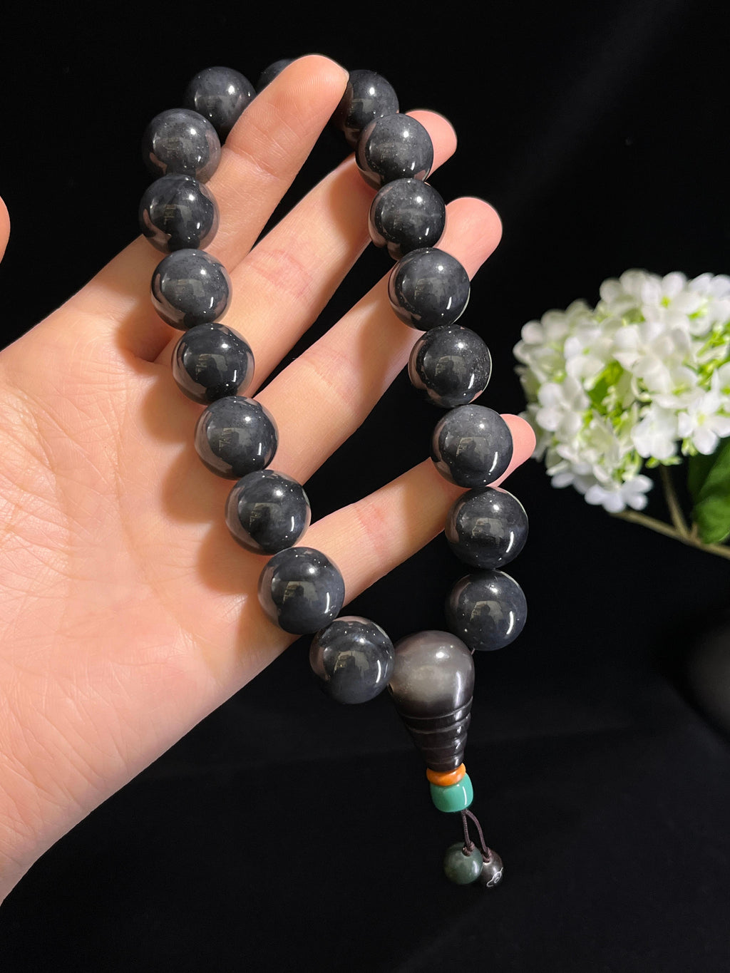 和田玉青花圆形珠手串（卡16）（yc254945）