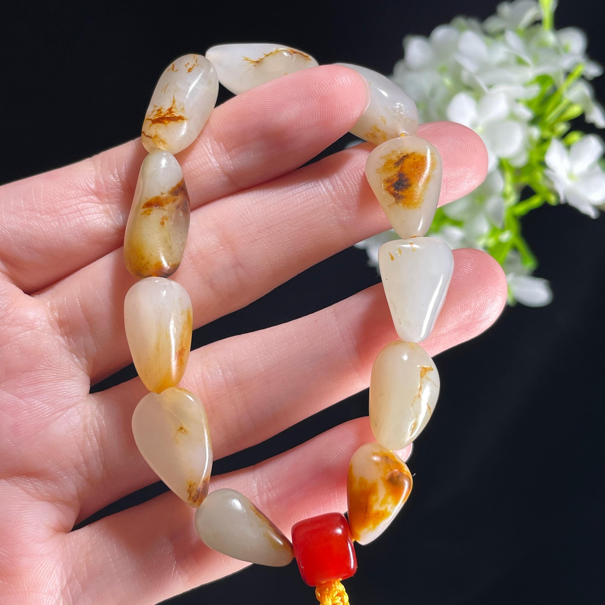 新疆天然和田玉白玉红皮原籽手串（11颗）（yc396001）