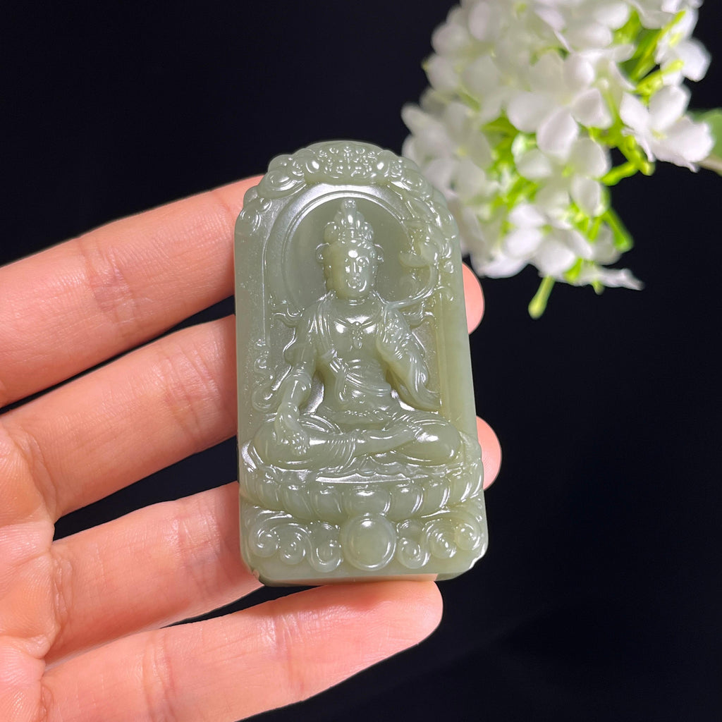新疆天然和田玉沙枣青观音雕刻挂件（yc353797）
