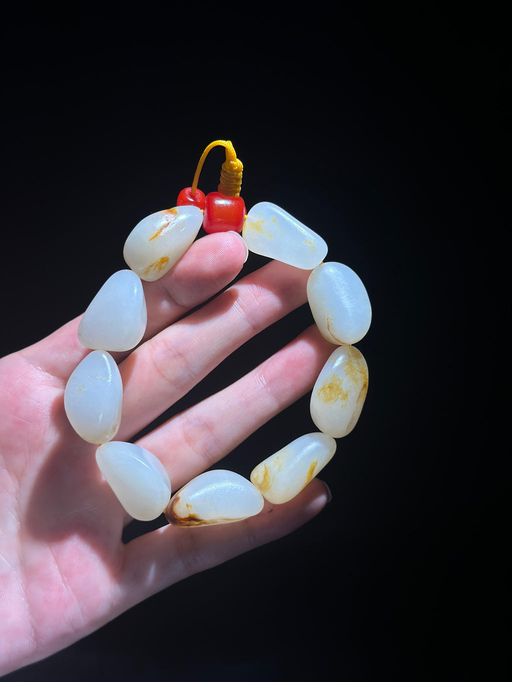 新疆和田玉珍品洒金洒红皮原籽手串（9颗）（yc748599）