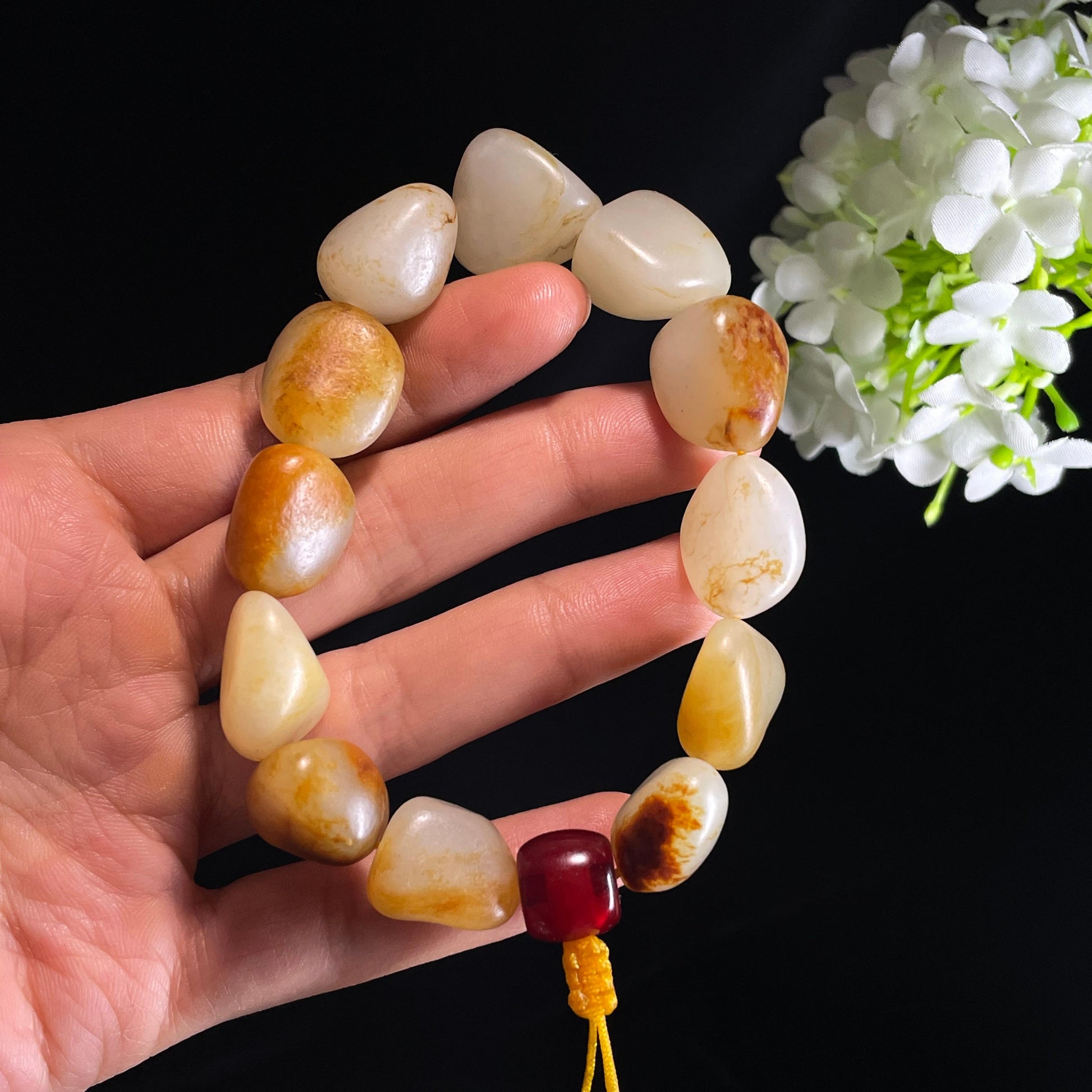 和田玉白玉洒金皮红皮原籽手串（yc356655）