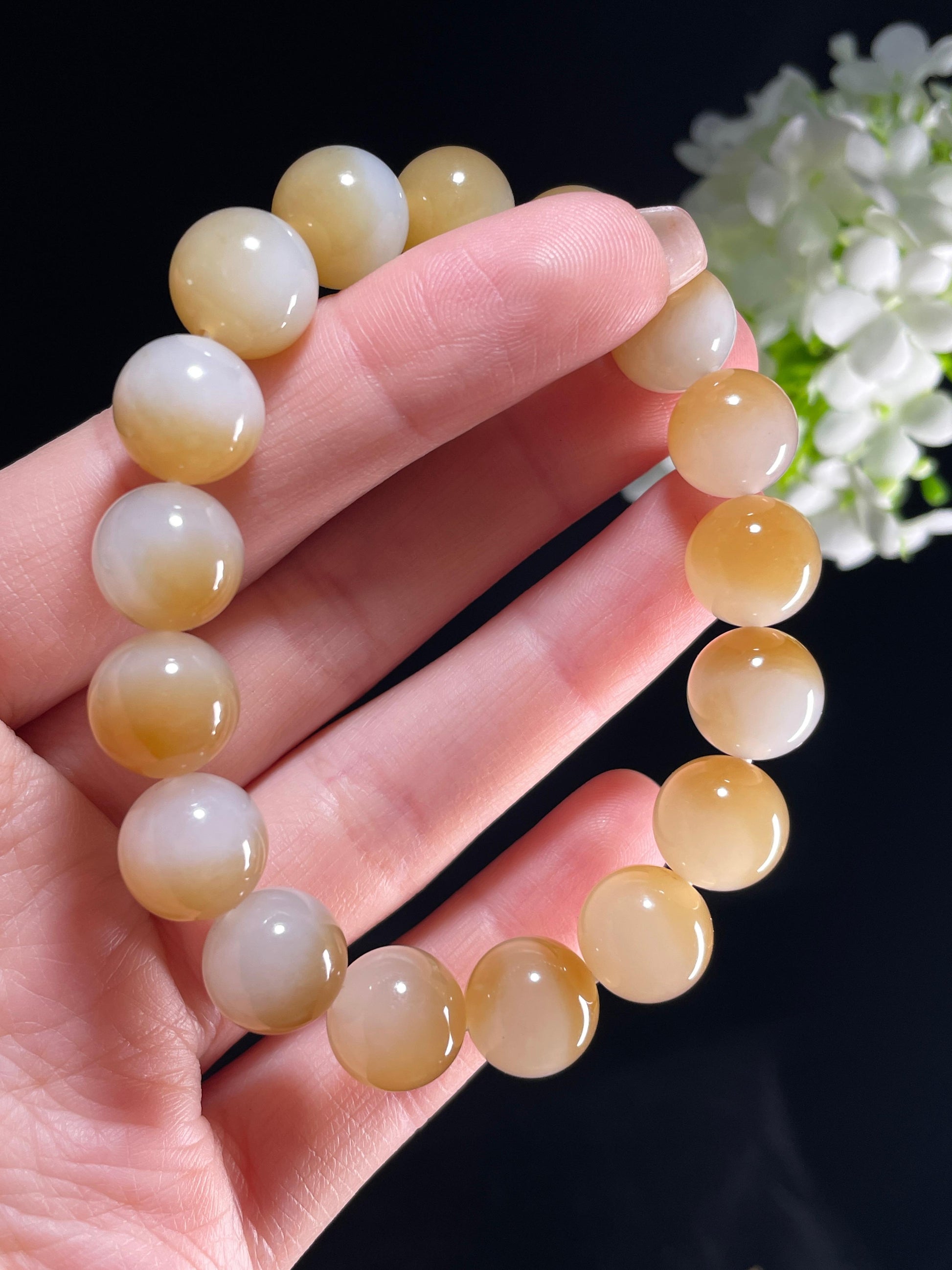 新疆天然和田玉糖白玉聚宝盆圆珠手串（yc357655）