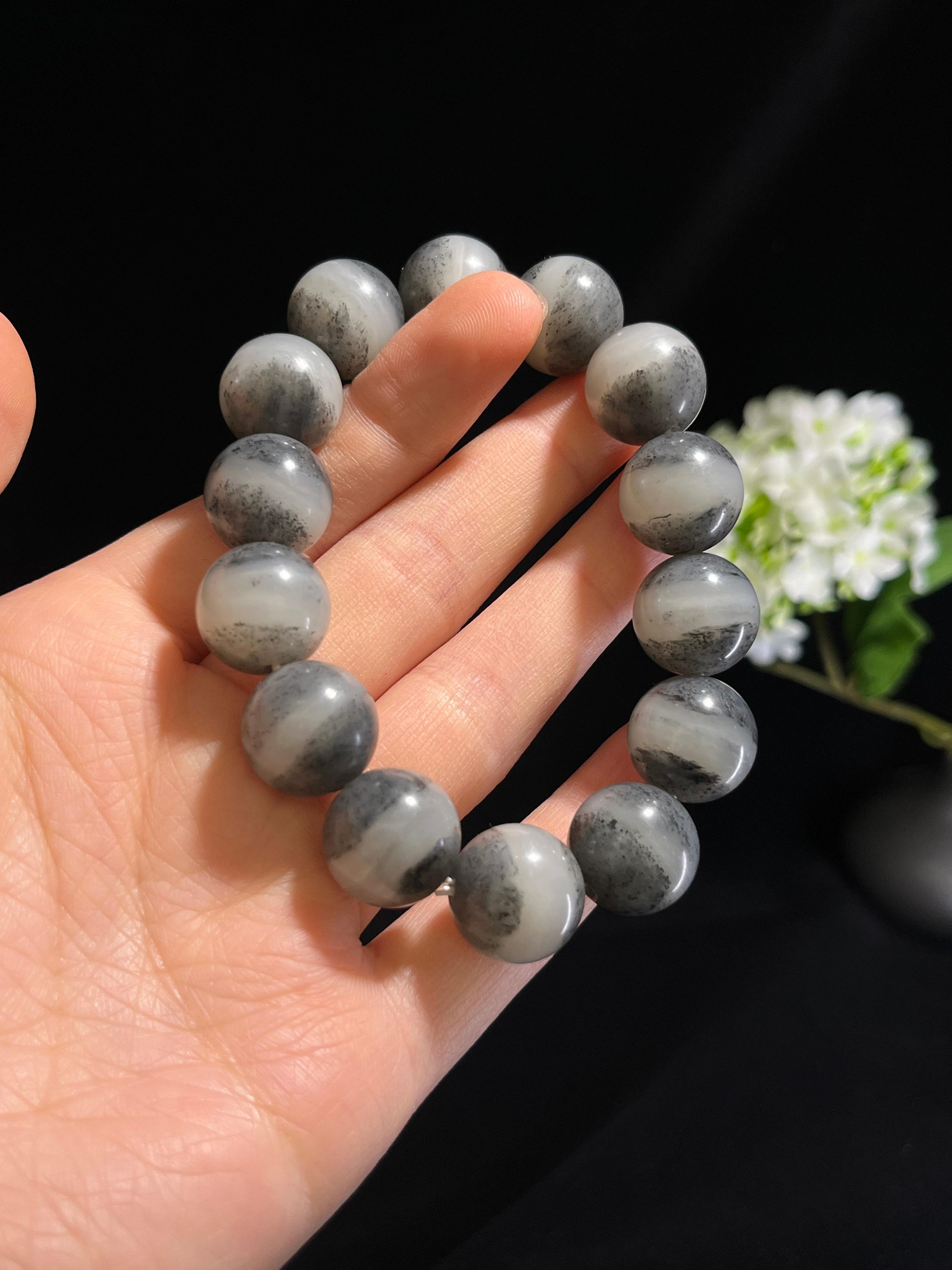 和田玉青花一线天圆形珠手串（卡16）（yc254766）